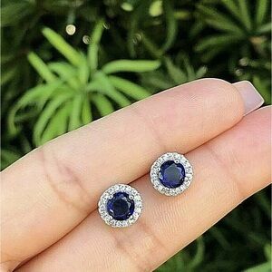 2 Ct Round Lab Created Blue & White Sapphire Halo Stud Earrings 6mm Push Back